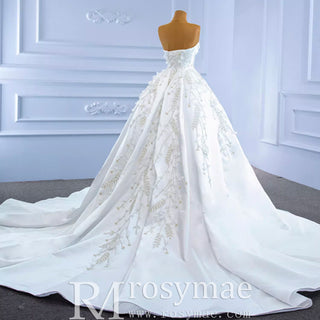 Beaded Handmade Flower Satin Strapless Wedding Dress