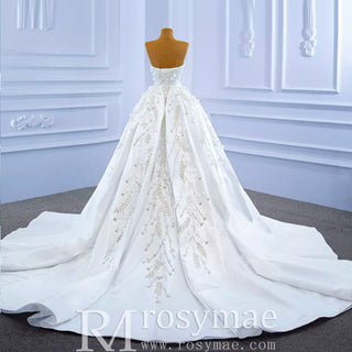 Beaded Handmade Flower Satin Strapless Wedding Dress