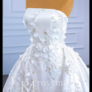 Beaded Handmade Flower Satin Strapless Wedding Dress