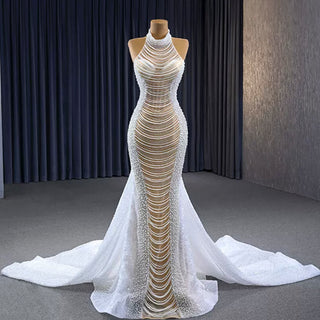Sheer Pearl Mermaid Wedding Dress with Halter Neck Bridal Dress