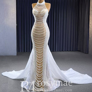 Sheer Pearl Mermaid Wedding Dress with Halter Neck Bridal Dress