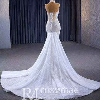 Sheer Pearl Mermaid Wedding Dress with Halter Neck Bridal Dress