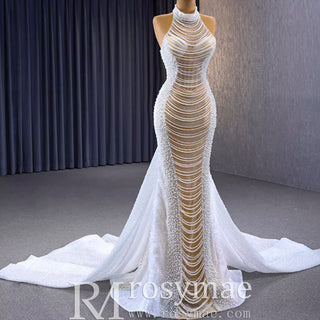 Sheer Pearl Mermaid Wedding Dress with Halter Neck Bridal Dress