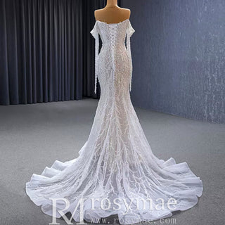 Beaded Pearl Mermaid Wedding Dress Bridal Dress with Off the Shoulder