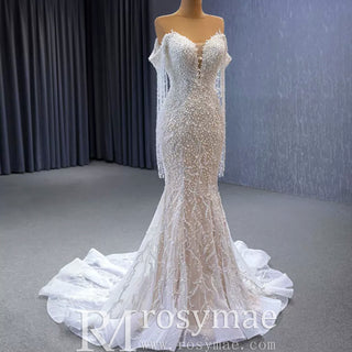 Beaded Pearl Mermaid Wedding Dress Bridal Dress with Off the Shoulder