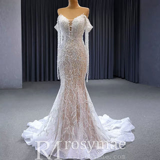 Beaded Pearl Mermaid Wedding Dress Bridal Dress with Off the Shoulder