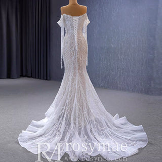 Beaded Pearl Mermaid Wedding Dress Bridal Dress with Off the Shoulder