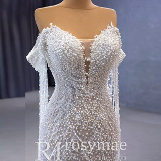 Beaded Pearl Mermaid Wedding Dress Bridal Dress with Off the Shoulder