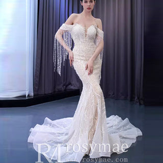 Beaded Pearl Mermaid Wedding Dress Bridal Dress with Off the Shoulder