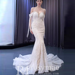 Beaded Pearl Mermaid Wedding Dress Bridal Dress with Off the Shoulder