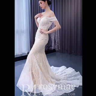 Beaded Pearl Mermaid Wedding Dress Bridal Dress with Off the Shoulder