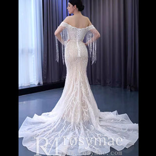 Beaded Pearl Mermaid Wedding Dress Bridal Dress with Off the Shoulder