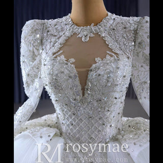 Puffy Skirt Luxury Sparkly Long Sleeve Wedding Dress with Keyhole