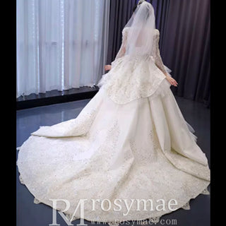 Puffy Skirt Luxury Sparkly Long Sleeve Wedding Dress with Keyhole