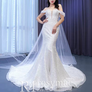 Beaded Off the Shoulder Mermaid Wedding Dress with Long Cape Sleeve