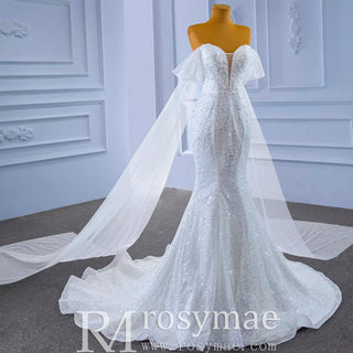 Beaded Off the Shoulder Mermaid Wedding Dress with Long Cape Sleeve