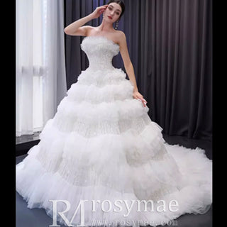 Elegant Strapless Big Skirt Ball Gown Sparkly Wedding Dress