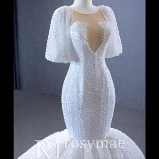 Mermaid Pearl Wedding Dress Puffed Half Sleeve Bridal Dress