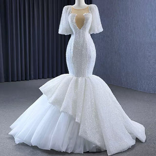 Mermaid Pearl Wedding Dress Puffed Half Sleeve Bridal Dress
