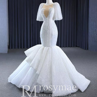 Mermaid Pearl Wedding Dress Puffed Half Sleeve Bridal Dress