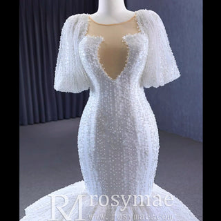 Mermaid Pearl Wedding Dress Puffed Half Sleeve Bridal Dress