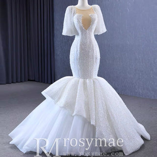 Mermaid Pearl Wedding Dress Puffed Half Sleeve Bridal Dress