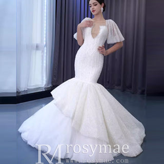 Mermaid Pearl Wedding Dress Puffed Half Sleeve Bridal Dress