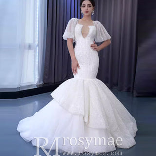 Mermaid Pearl Wedding Dress Puffed Half Sleeve Bridal Dress