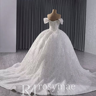 Organza Ball Gown Off the Shoulder Wedding Dress with Boat Neck