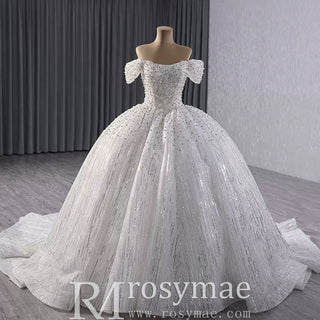 Organza Ball Gown Off the Shoulder Wedding Dress with Boat Neck