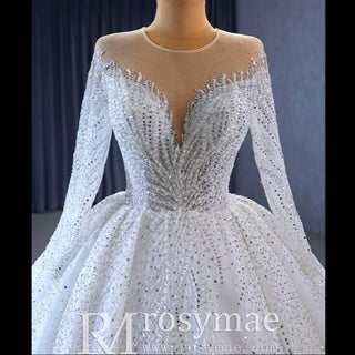 Gorgeous Beaded Wedding Dress Long Sleeve Dubai Wedding Gown