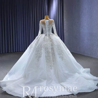 Luxury Dubai Long Sleeve Beaded Sequins Puffy Wedding Dress