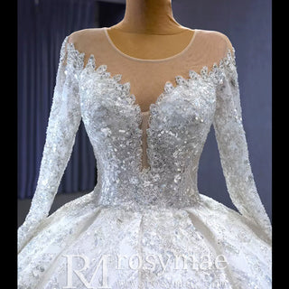 Luxury Dubai Long Sleeve Beaded Sequins Puffy Wedding Dress