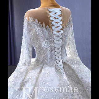 Luxury Dubai Long Sleeve Beaded Sequins Puffy Wedding Dress