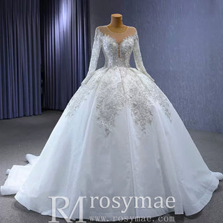 Luxury Dubai Long Sleeve Beaded Sequins Puffy Wedding Dress