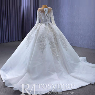 Luxury Dubai Long Sleeve Beaded Sequins Puffy Wedding Dress