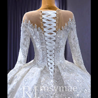 Luxury Dubai Long Sleeve Beaded Sequins Puffy Wedding Dress