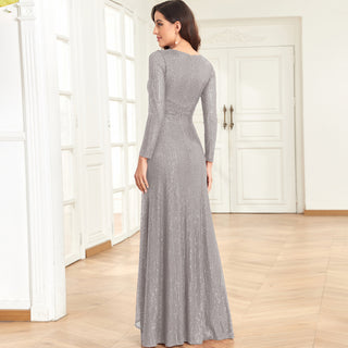 Long Sleeve V-Neck Fit Maxi Formal Gown Evening Dress For Women