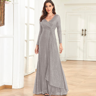 Long Sleeve V-Neck Fit Maxi Formal Gown Evening Dress For Women