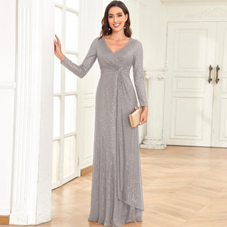 Long Sleeve V-Neck Fit Maxi Formal Gown Evening Dress For Women