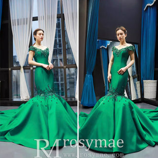 Floral Mermaid Prom Dresses Emerald Green Pageant Dress