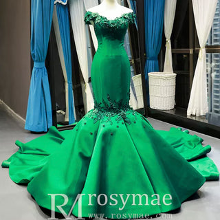 Floral Mermaid Prom Dresses Emerald Green Pageant Dress