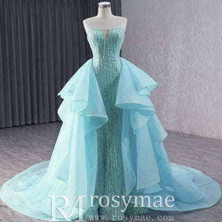 Ruffle Beaded Wedding Dress with Overskirt Strapless Formal Gown