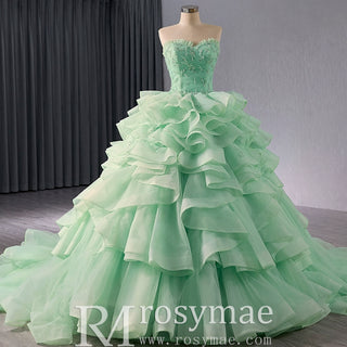 High-end Light Green Ruffles Prom Gown Ball Gown Quinceanera Dress