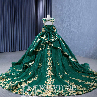 Gold Floral Lace Spring Green Wedding Dress Sparkly Tulle Ball Gown