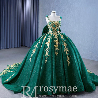 Gold Floral Lace Spring Green Wedding Dress Sparkly Tulle Ball Gown