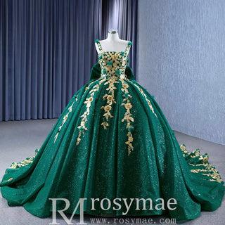 Gold Floral Lace Spring Green Wedding Dress Sparkly Tulle Ball Gown