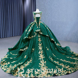 Gold Floral Lace Spring Green Wedding Dress Sparkly Tulle Ball Gown