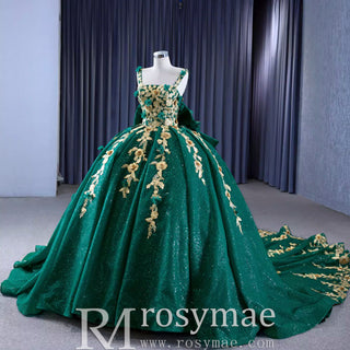 Gold Floral Lace Spring Green Wedding Dress Sparkly Tulle Ball Gown