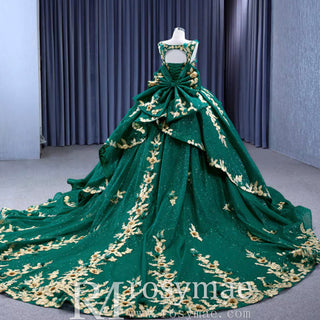 Gold Floral Lace Spring Green Wedding Dress Sparkly Tulle Ball Gown